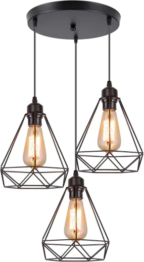 iDEGU 3 Luces Lámparas Colgante Vintage, Lámparas de Techo Industrial Metal Iluminación de Techo E27 en Estilo Jaula Geométrica,